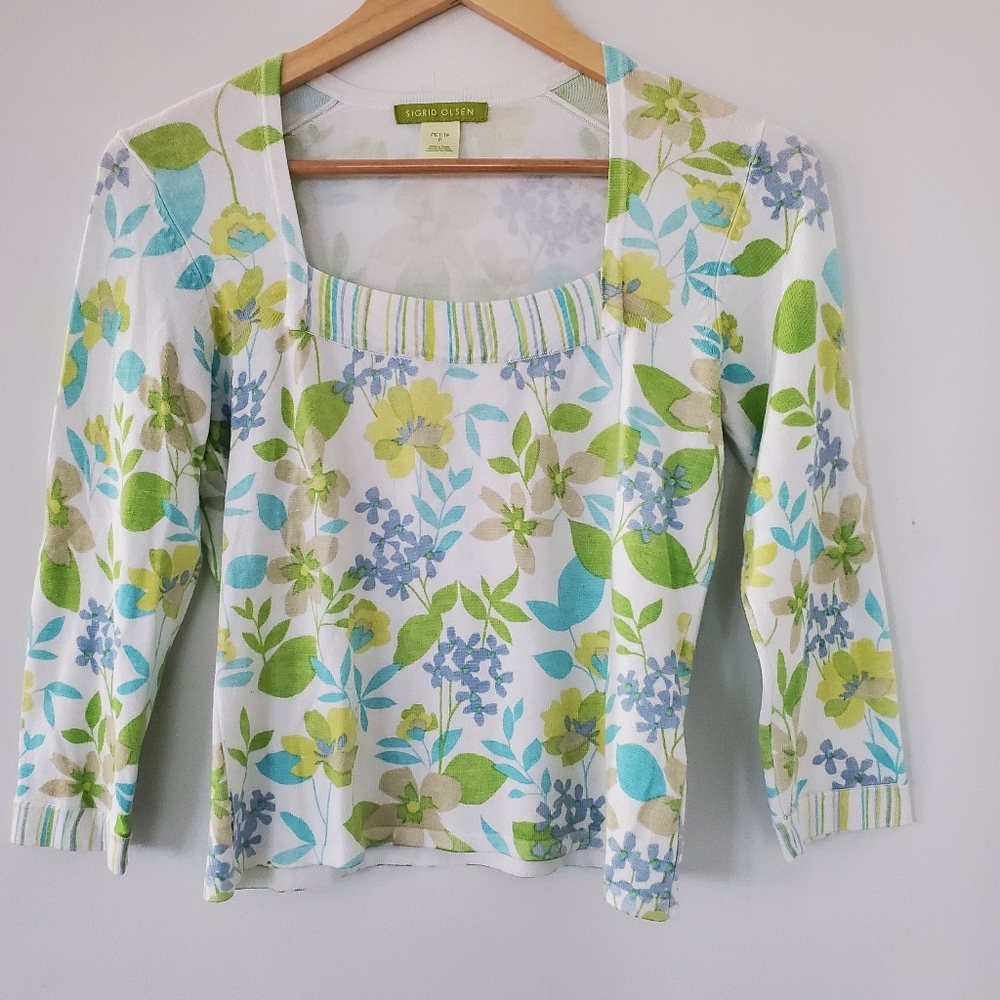 SIGRID OLSEN PETITE S Dainty Spring Floral Knit Sweater 3/4 Sleeve Delicate